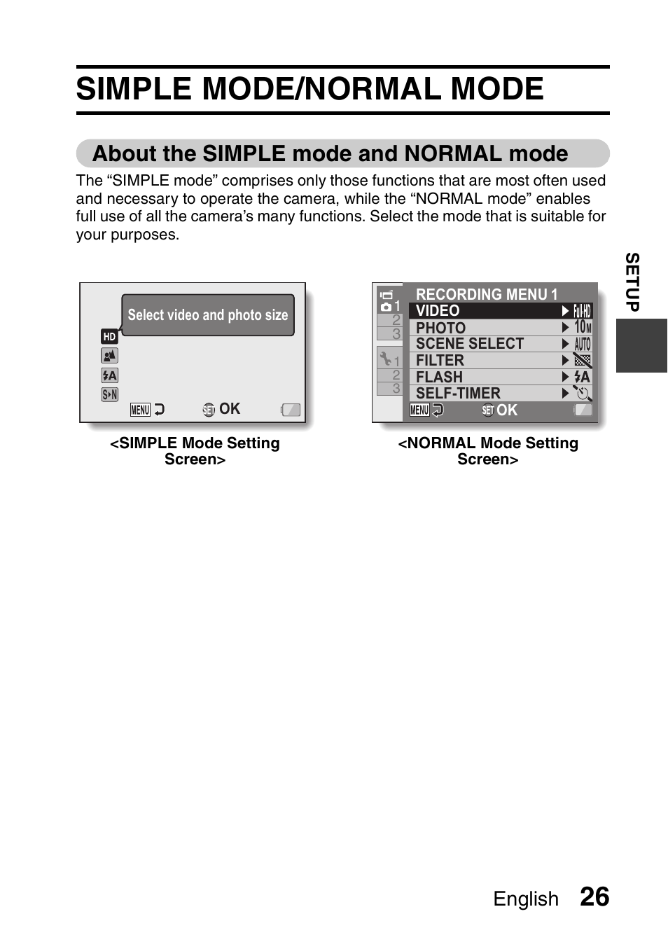 Simple mode/normal mode, About the simple mode and normal mode, English | Sanyo Xacti VPC-SH1 User Manual | Page 47 / 96