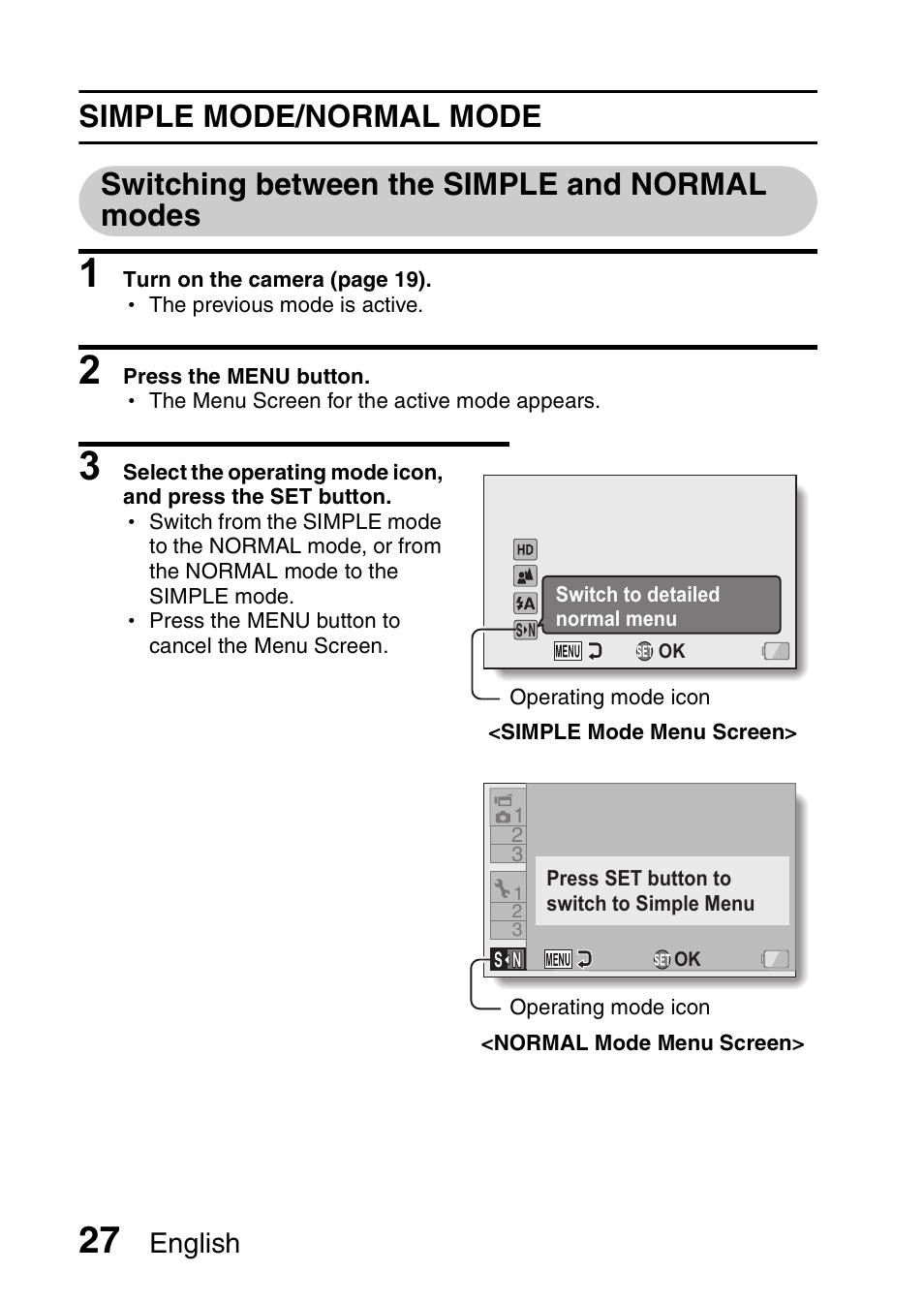 Switching between the simple and normal modes, English | Sanyo Xacti VPC-SH1 User Manual | Page 48 / 96