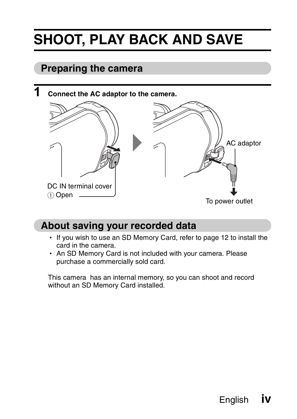 Shoot, play back and save, Preparing the camera, About saving your recorded data | Sanyo Xacti VPC-SH1 User Manual | Page 5 / 96