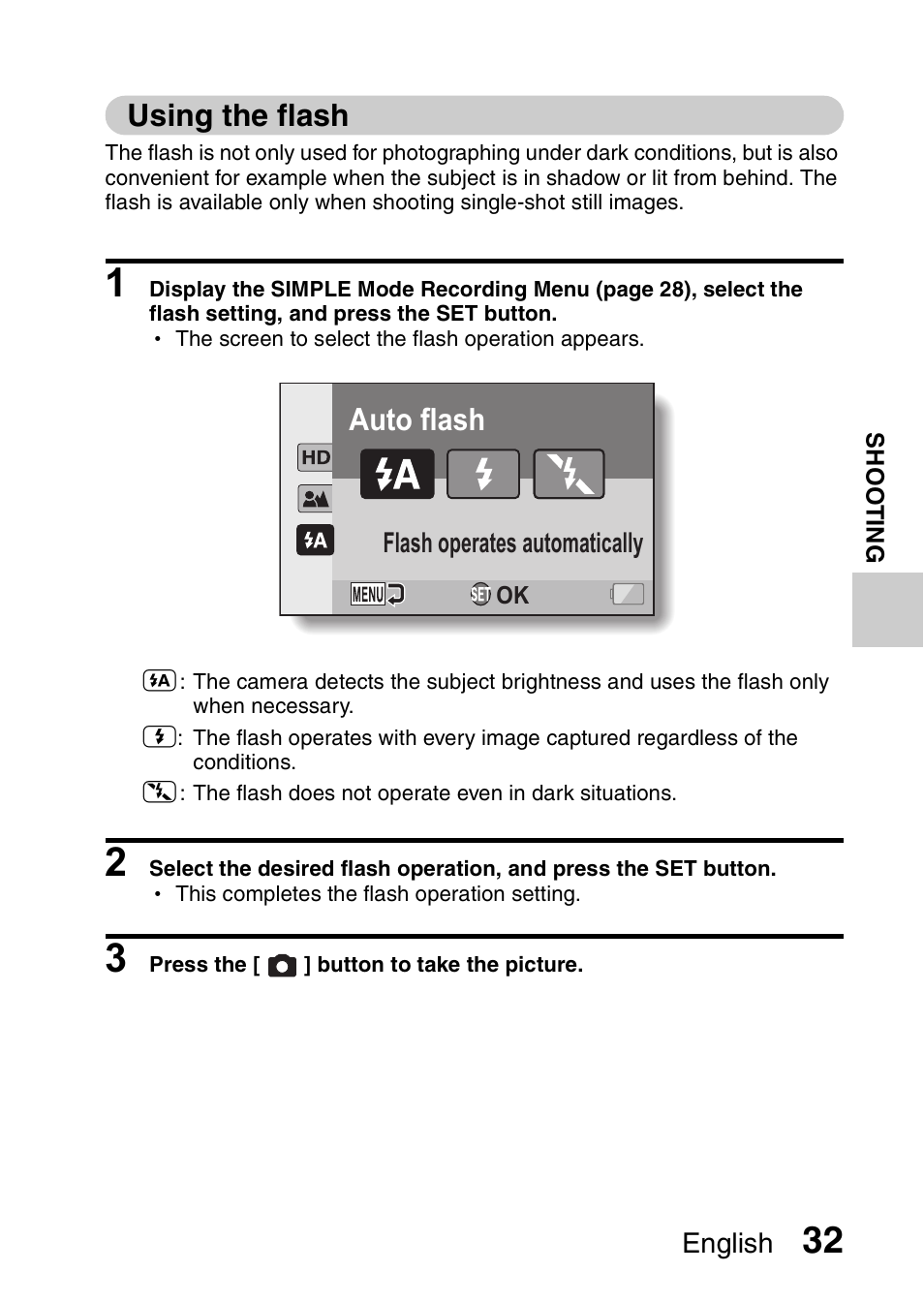 Using the flash, Auto flash | Sanyo Xacti VPC-SH1 User Manual | Page 53 / 96