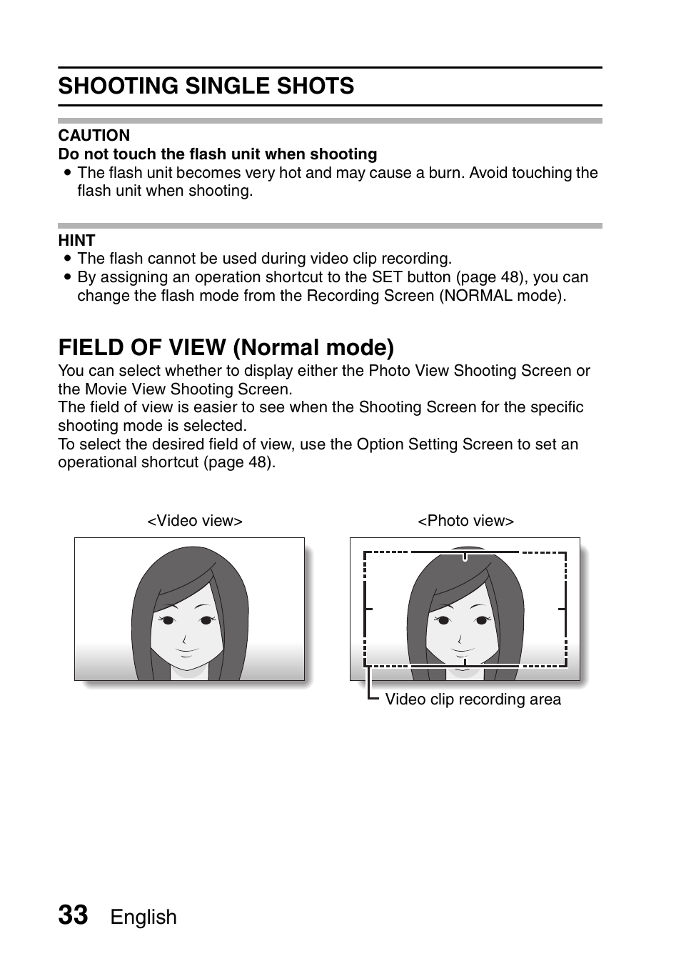 Shooting single shots, Field of view (normal mode), English | Sanyo Xacti VPC-SH1 User Manual | Page 54 / 96