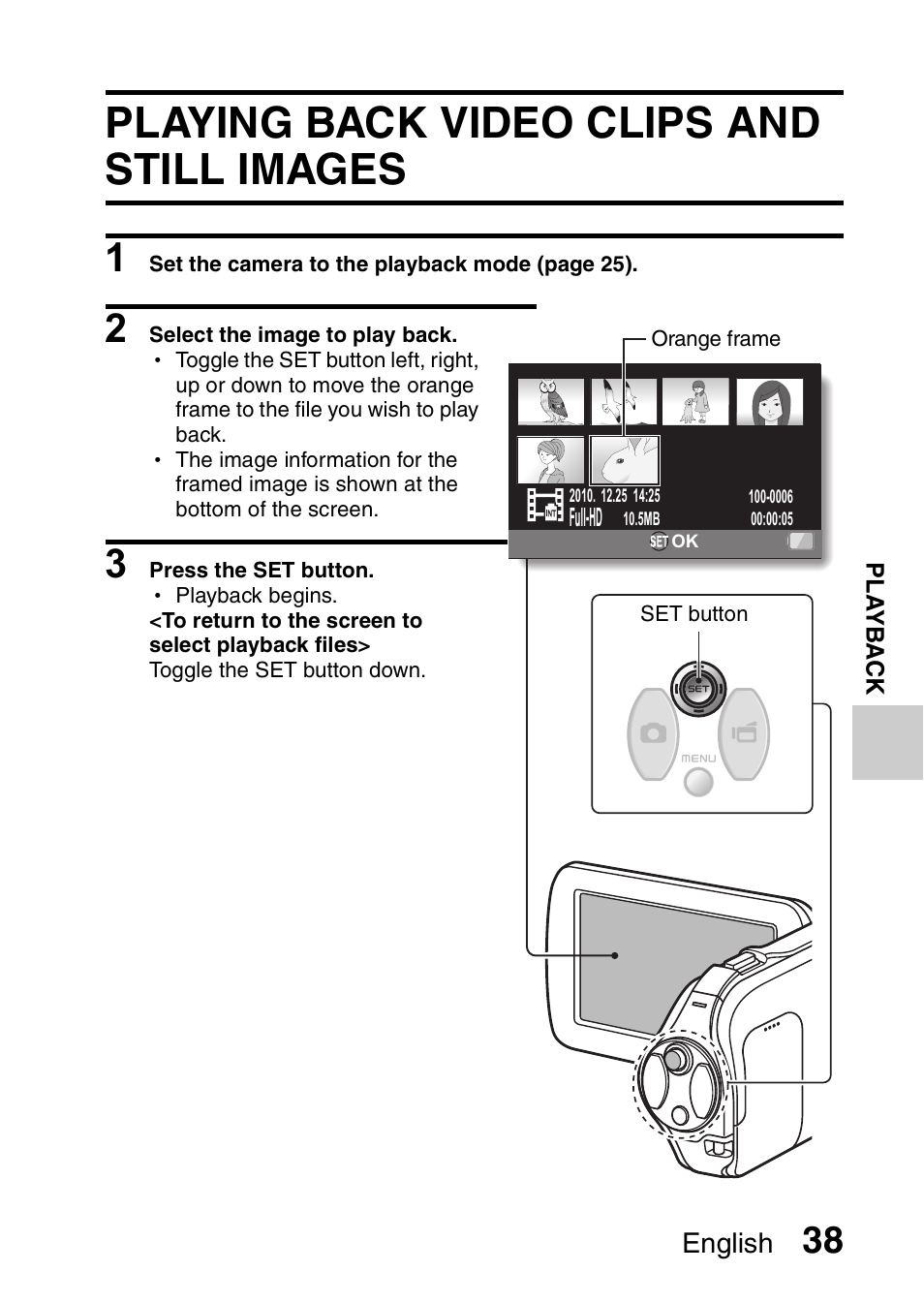 Playback, Playing back video clips and still images | Sanyo Xacti VPC-SH1 User Manual | Page 59 / 96
