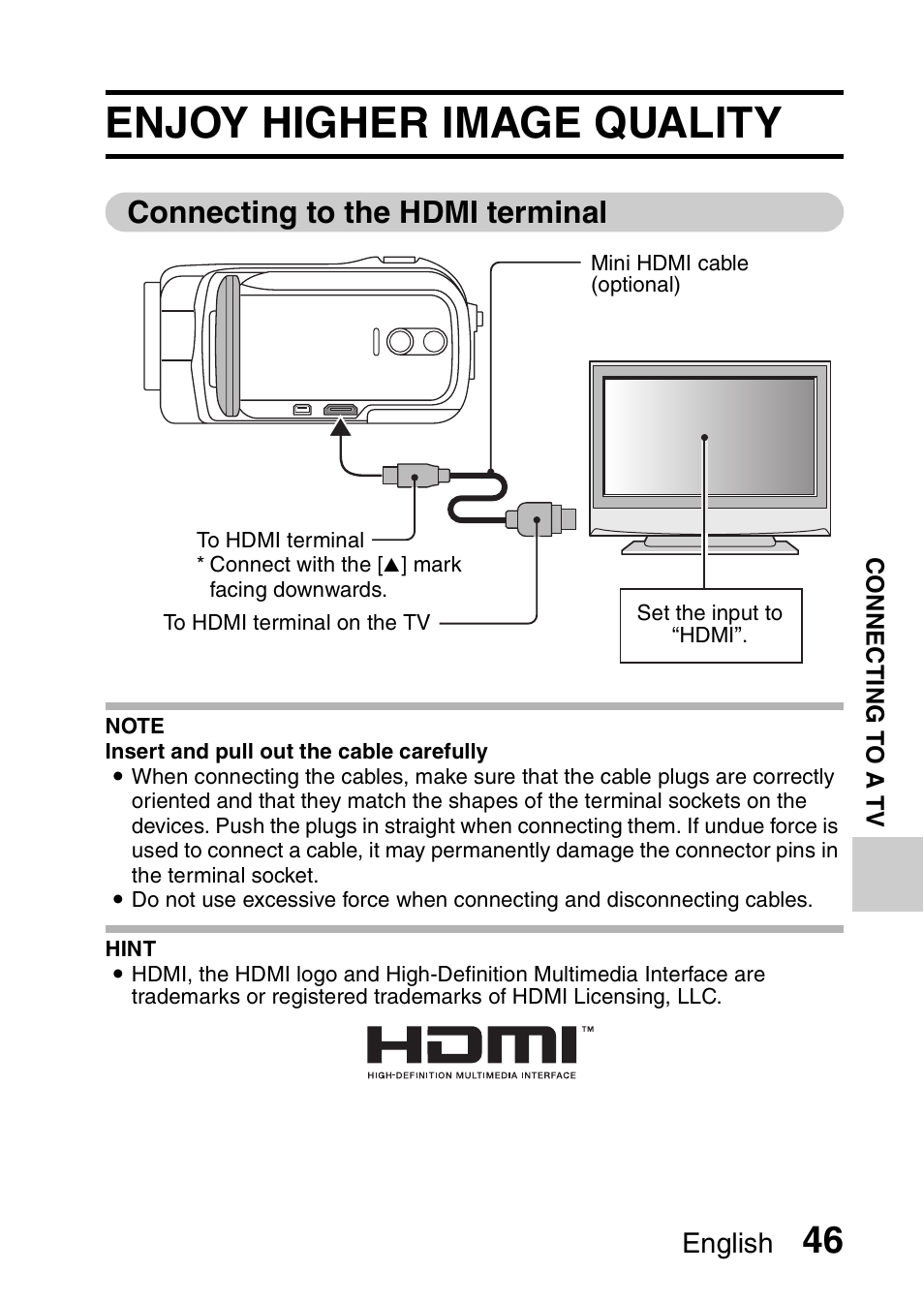Enjoy higher image quality, Connecting to the hdmi terminal, English | Sanyo Xacti VPC-SH1 User Manual | Page 67 / 96