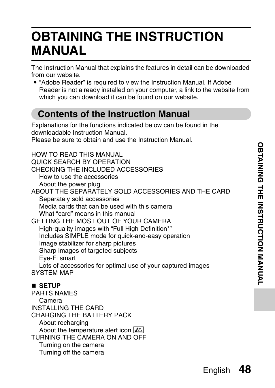 Obtaining the instruction manual, Contents of the instruction manual, English | Sanyo Xacti VPC-SH1 User Manual | Page 69 / 96