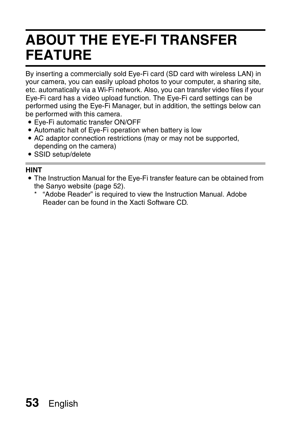 About the eye-fi transfer feature, English | Sanyo Xacti VPC-SH1 User Manual | Page 74 / 96