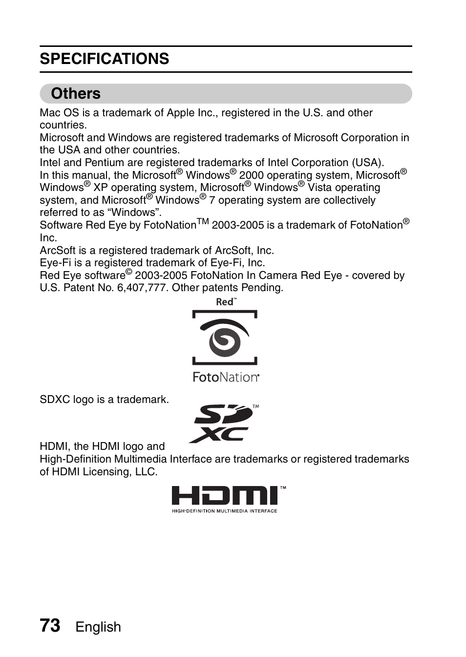 Others, Specifications others, English | Sanyo Xacti VPC-SH1 User Manual | Page 94 / 96