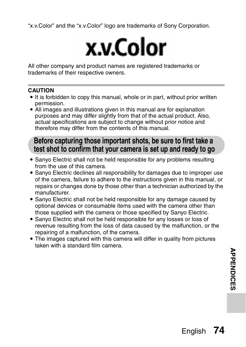 Confirm that your camera is set up and ready to go, English | Sanyo Xacti VPC-SH1 User Manual | Page 95 / 96