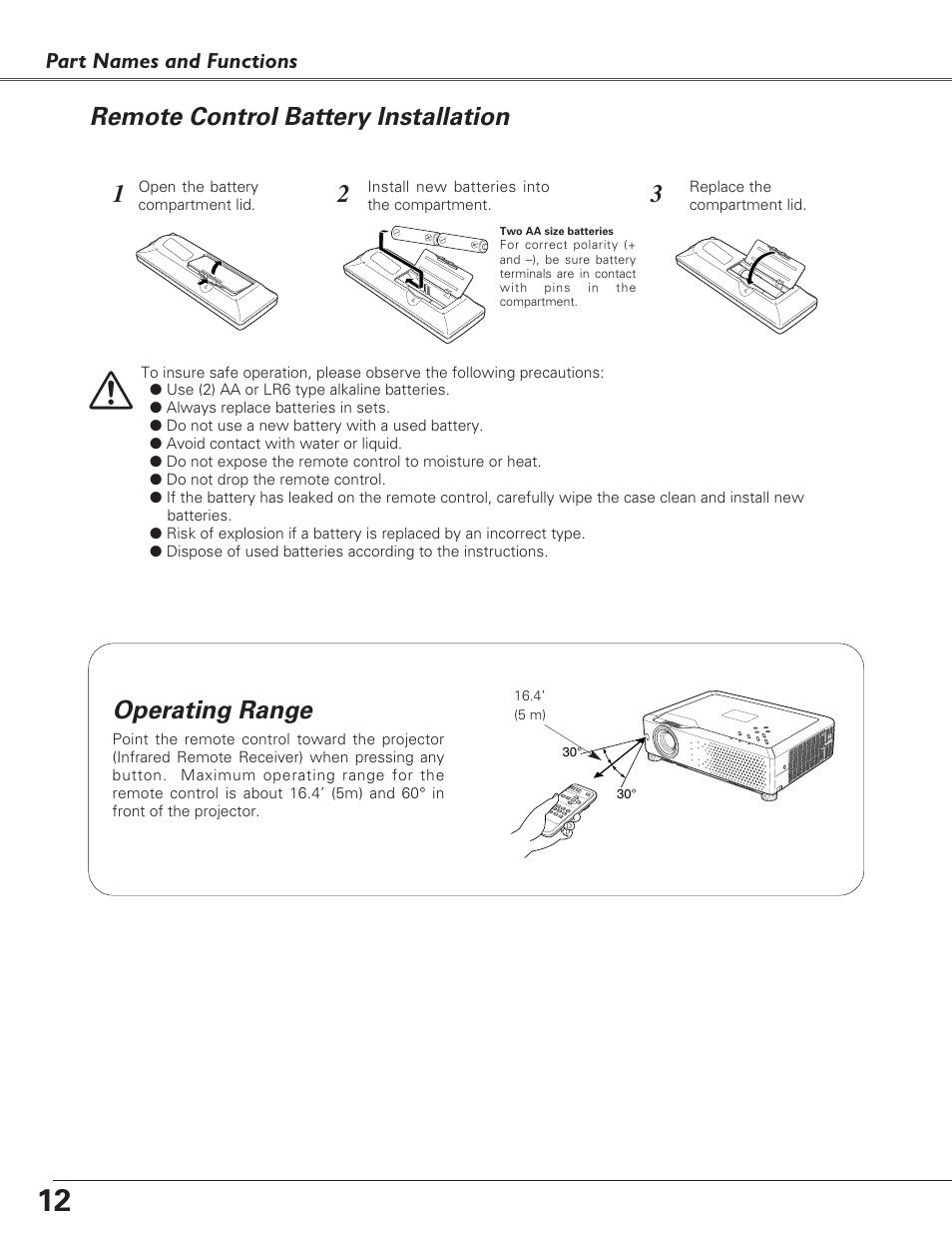 Remote control battery insta, Operating range, Remote control battery installation | Part names and functions | Sanyo PLC-XU73 User Manual | Page 12 / 64