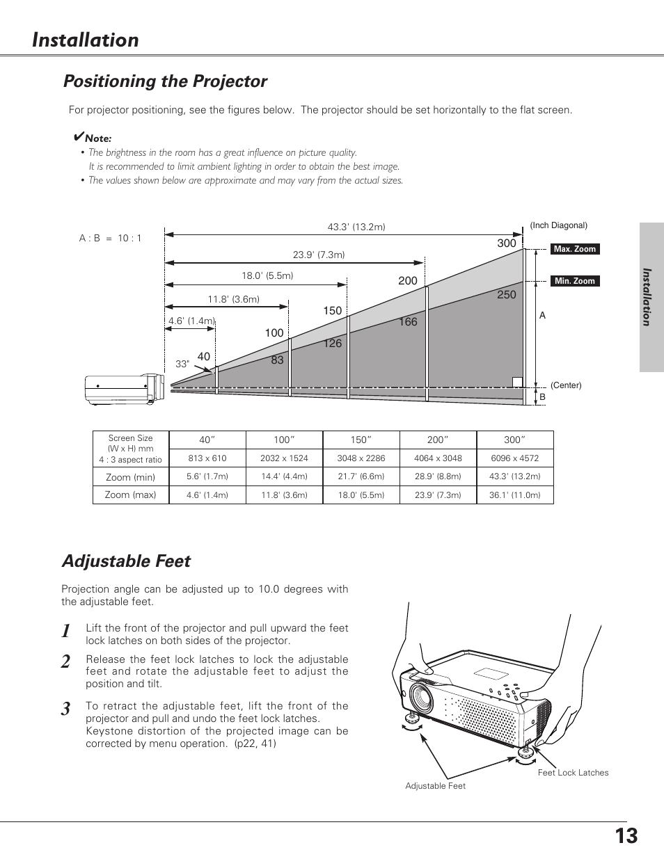 Installation, Positioning the projector, Adjustable feet | Sanyo PLC-XU73 User Manual | Page 13 / 64