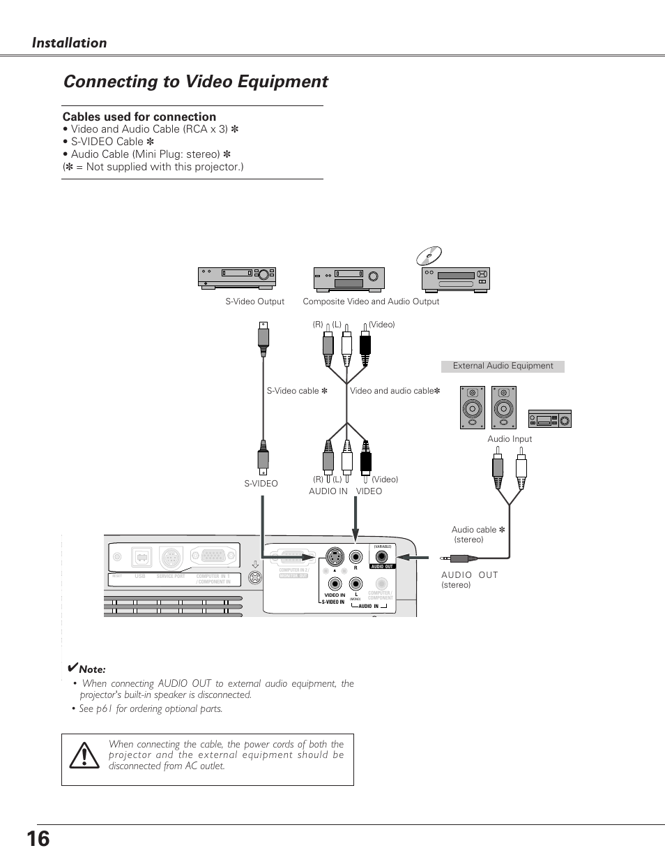 Connecting to video equipment, Installation, Cables used for connection | Sanyo PLC-XU73 User Manual | Page 16 / 64