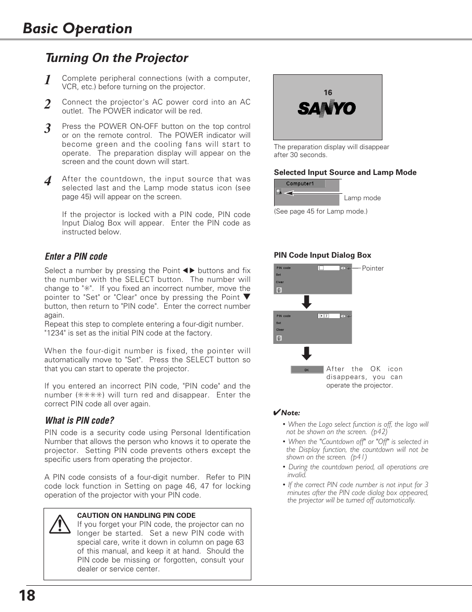 Basic operation, Turning on the projector | Sanyo PLC-XU73 User Manual | Page 18 / 64