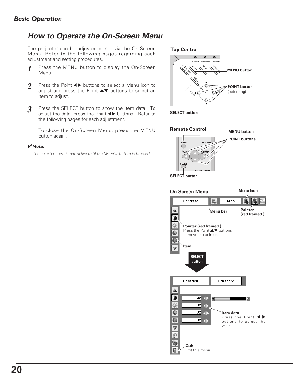 How to operate the on-screen, How to operate the on-screen menu, Basic operation | Sanyo PLC-XU73 User Manual | Page 20 / 64