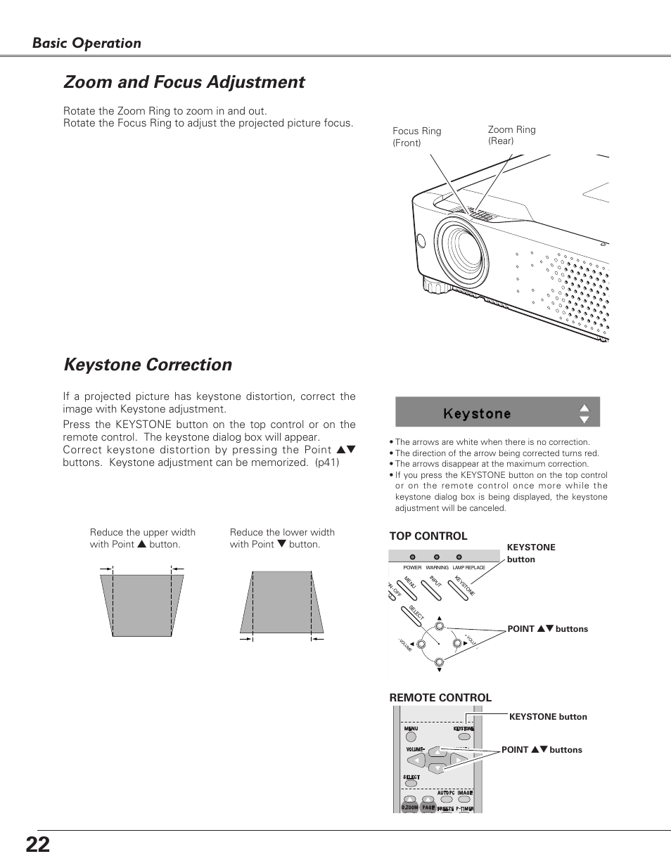 Zoom and focus adjustment, Keystone correction, Basic operation | Sanyo PLC-XU73 User Manual | Page 22 / 64