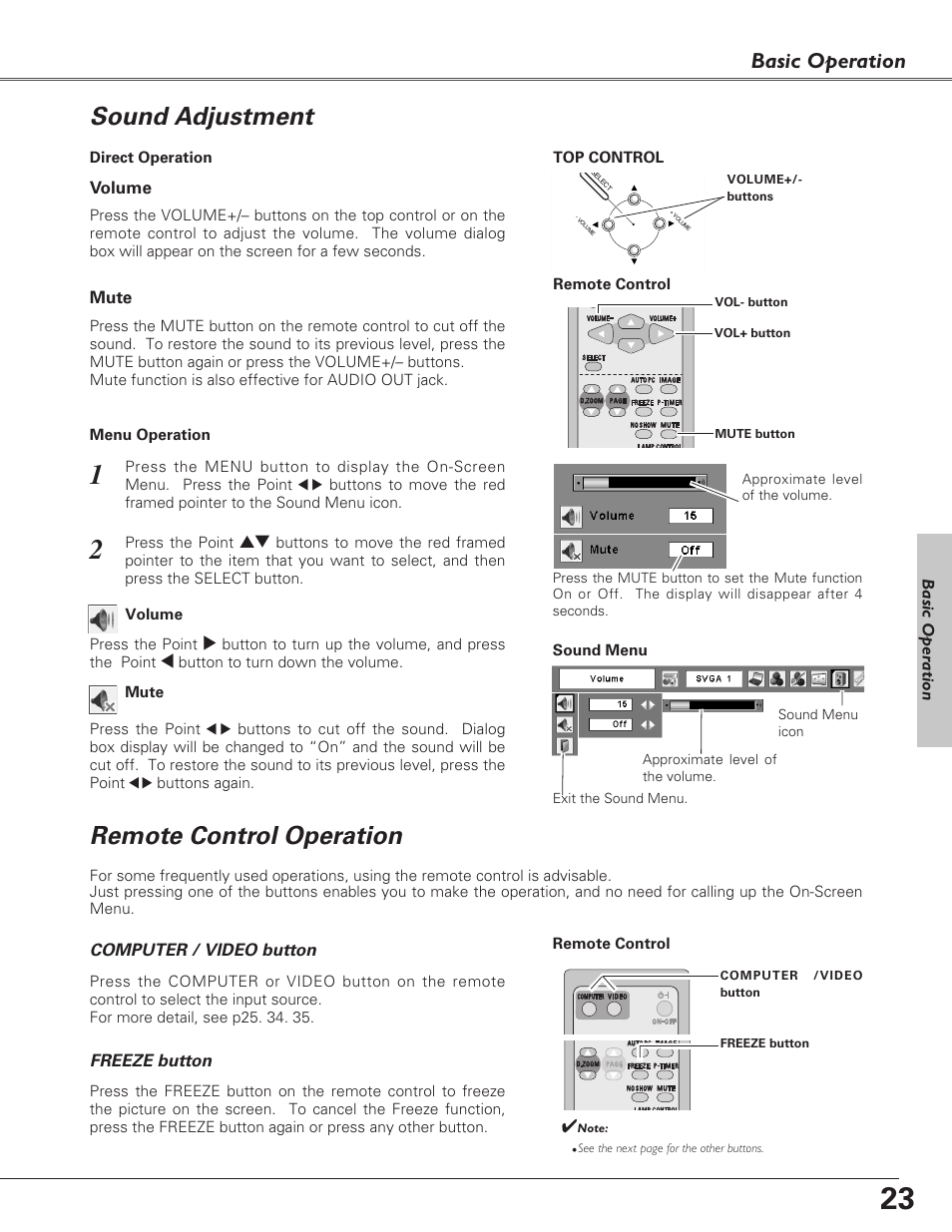 Sound adjustment, Remote control operation, Basic operation | Sanyo PLC-XU73 User Manual | Page 23 / 64