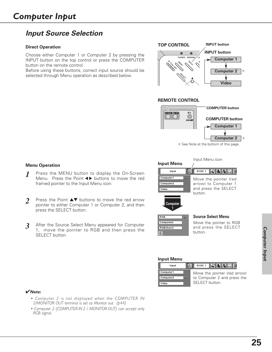 Computer input, Input source selection | Sanyo PLC-XU73 User Manual | Page 25 / 64