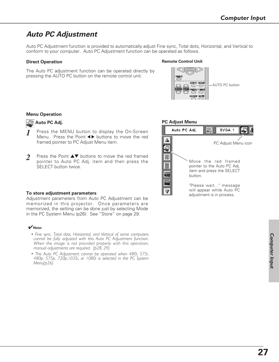 Auto pc adjustment, Computer input | Sanyo PLC-XU73 User Manual | Page 27 / 64