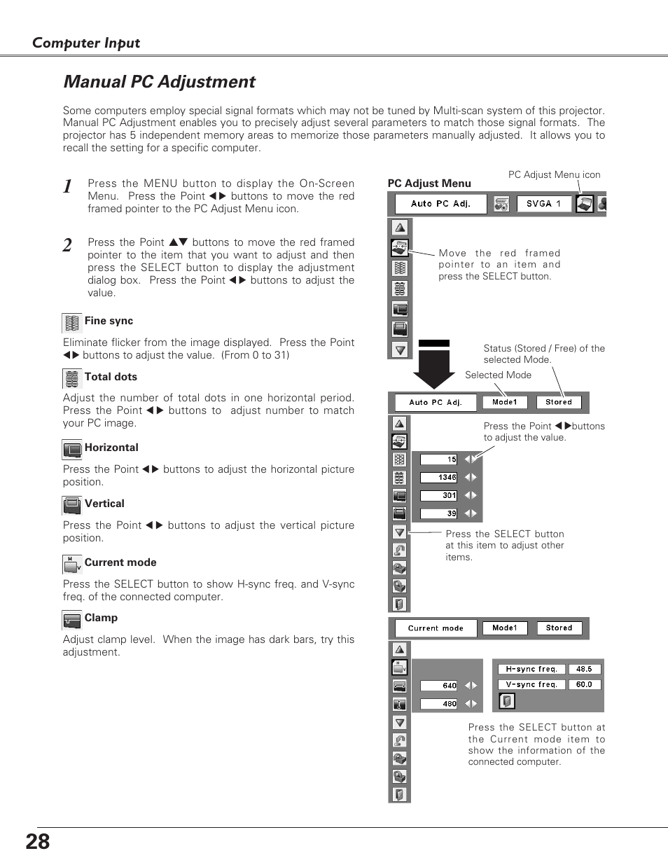 Manual pc adjustment, Computer input | Sanyo PLC-XU73 User Manual | Page 28 / 64