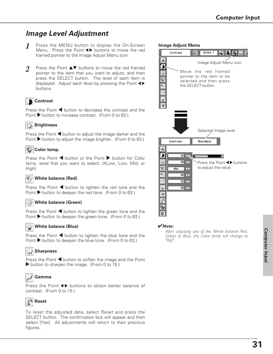 Image level adjustment, Computer input | Sanyo PLC-XU73 User Manual | Page 31 / 64