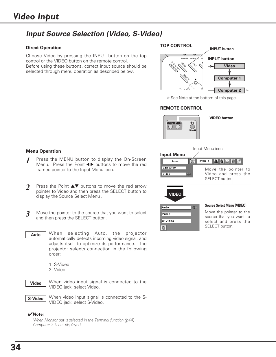 Video input, Input source selection (vide, Input source selection (video, s-video) | Sanyo PLC-XU73 User Manual | Page 34 / 64