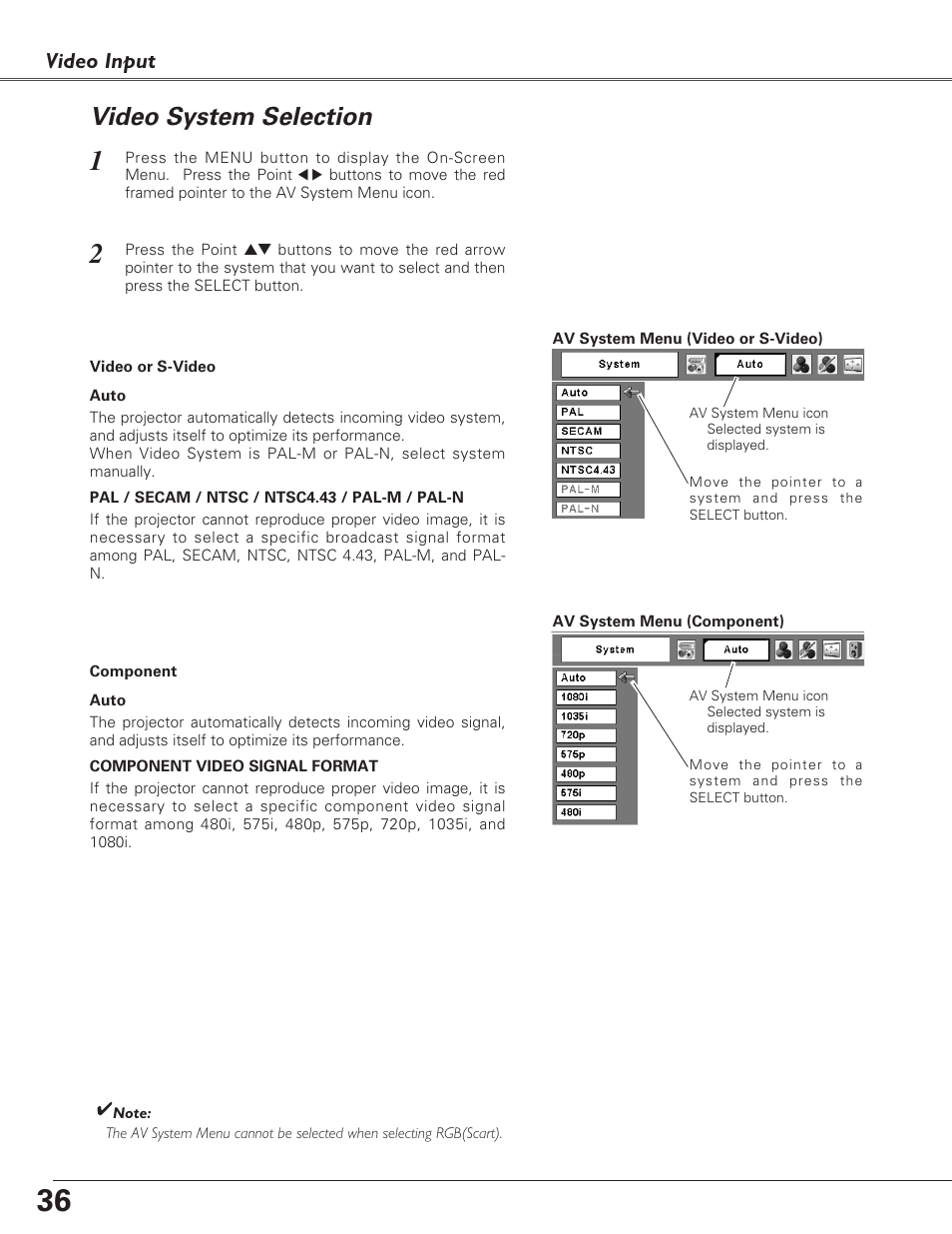 Video system selection, Video input | Sanyo PLC-XU73 User Manual | Page 36 / 64