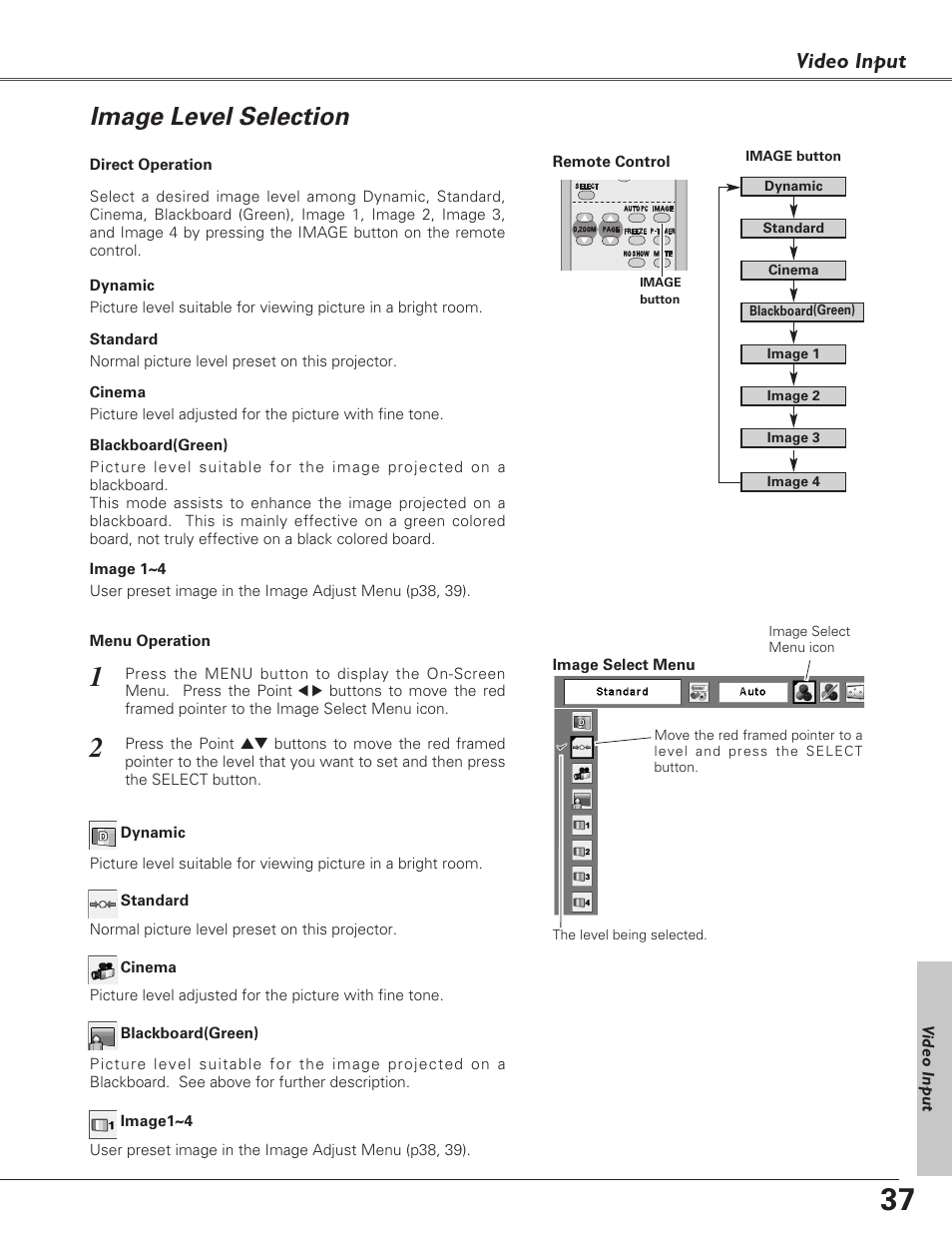 Image level selection, Video input | Sanyo PLC-XU73 User Manual | Page 37 / 64