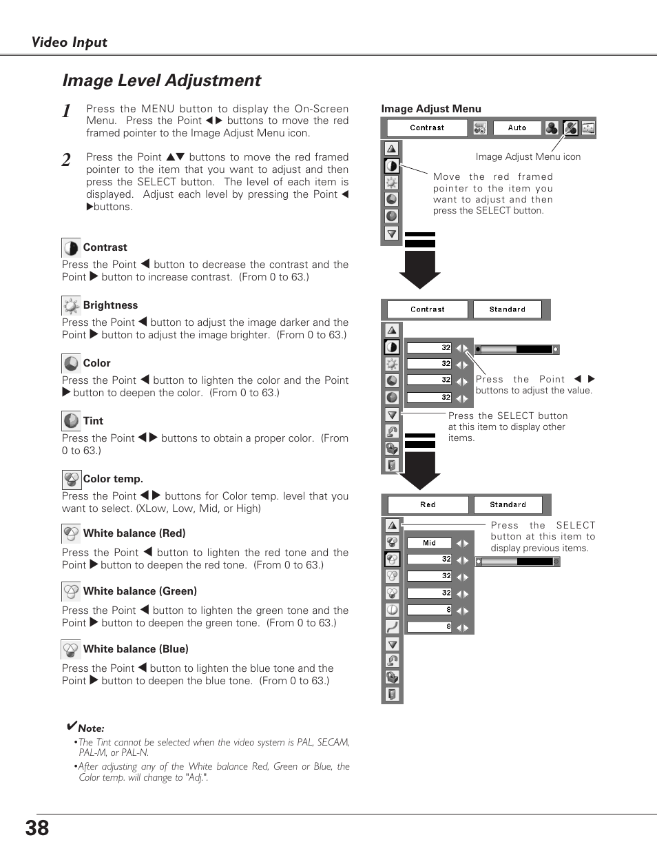 Image level adjustment, Video input | Sanyo PLC-XU73 User Manual | Page 38 / 64