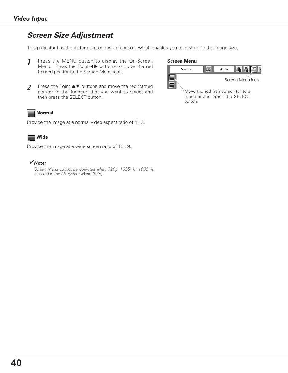 Screen size adjustment, Video input | Sanyo PLC-XU73 User Manual | Page 40 / 64