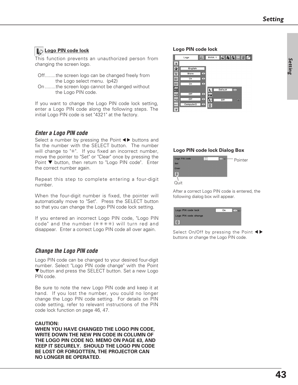 Setting | Sanyo PLC-XU73 User Manual | Page 43 / 64