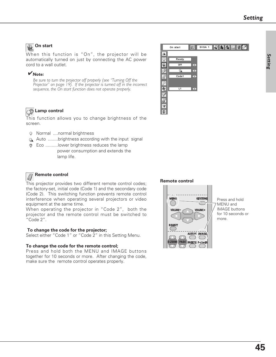 Setting | Sanyo PLC-XU73 User Manual | Page 45 / 64