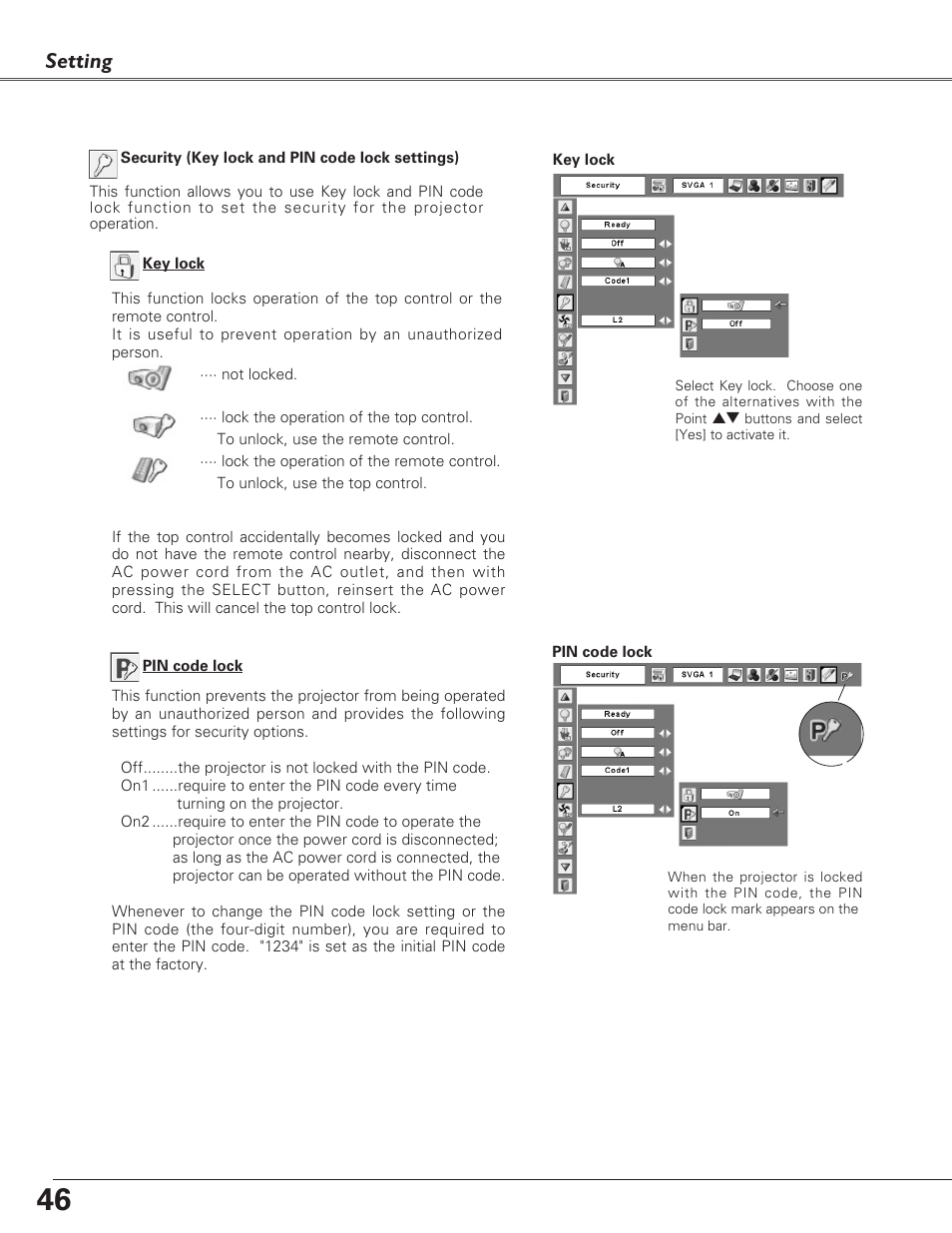 Setting | Sanyo PLC-XU73 User Manual | Page 46 / 64