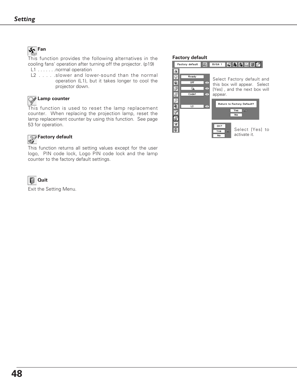 Setting | Sanyo PLC-XU73 User Manual | Page 48 / 64