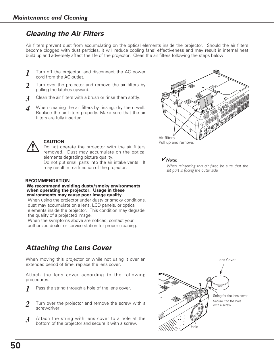 Cleaning the air filters, Attaching the lens cover, Attaching the lens cover cleaning the air filters | Sanyo PLC-XU73 User Manual | Page 50 / 64