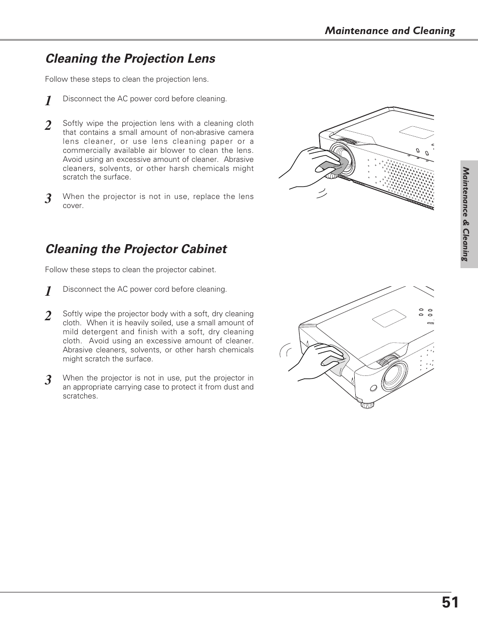 Cleaning the projection lens, Cleaning the projector cabinet | Sanyo PLC-XU73 User Manual | Page 51 / 64