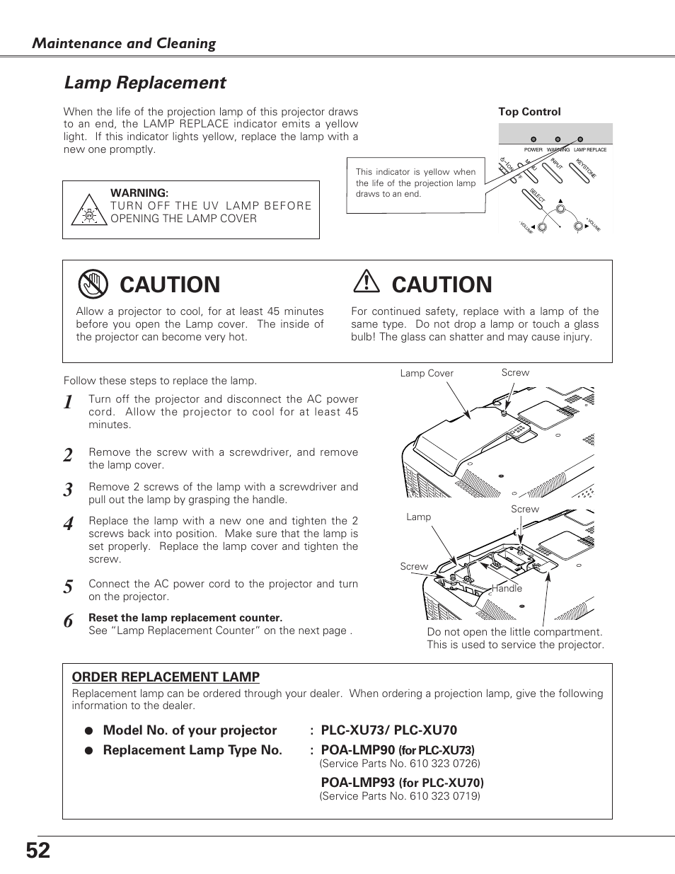 Lamp replacement, Caution, Maintenance and cleaning | Sanyo PLC-XU73 User Manual | Page 52 / 64