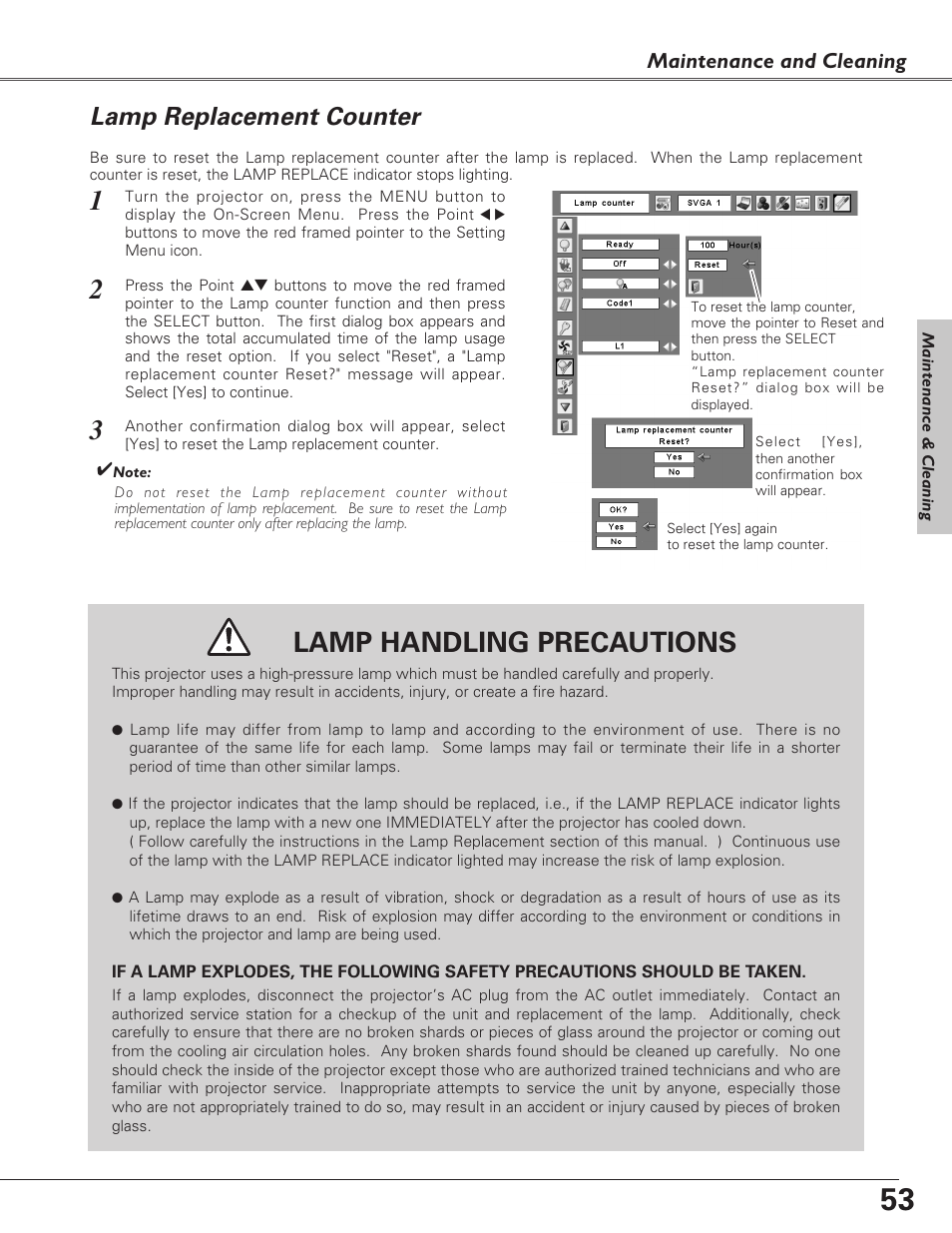 Lamp replacement counter, Lamp handling precautions, Maintenance and cleaning | Sanyo PLC-XU73 User Manual | Page 53 / 64