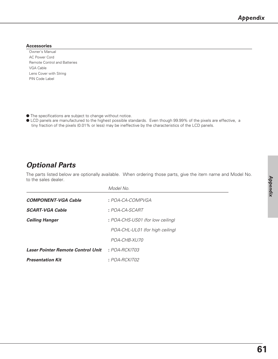 Optional parts, Appendix | Sanyo PLC-XU73 User Manual | Page 61 / 64