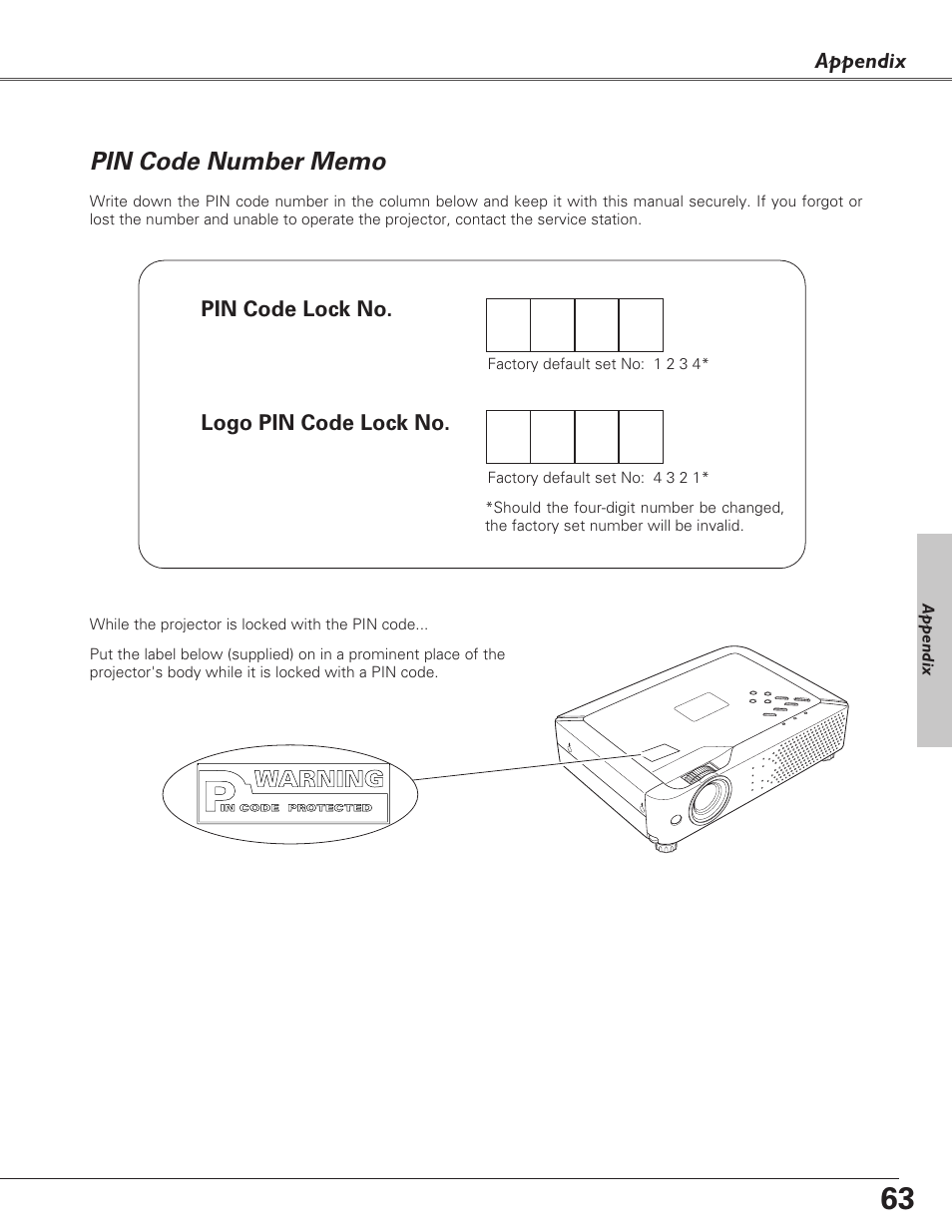 Pin code number memo | Sanyo PLC-XU73 User Manual | Page 63 / 64