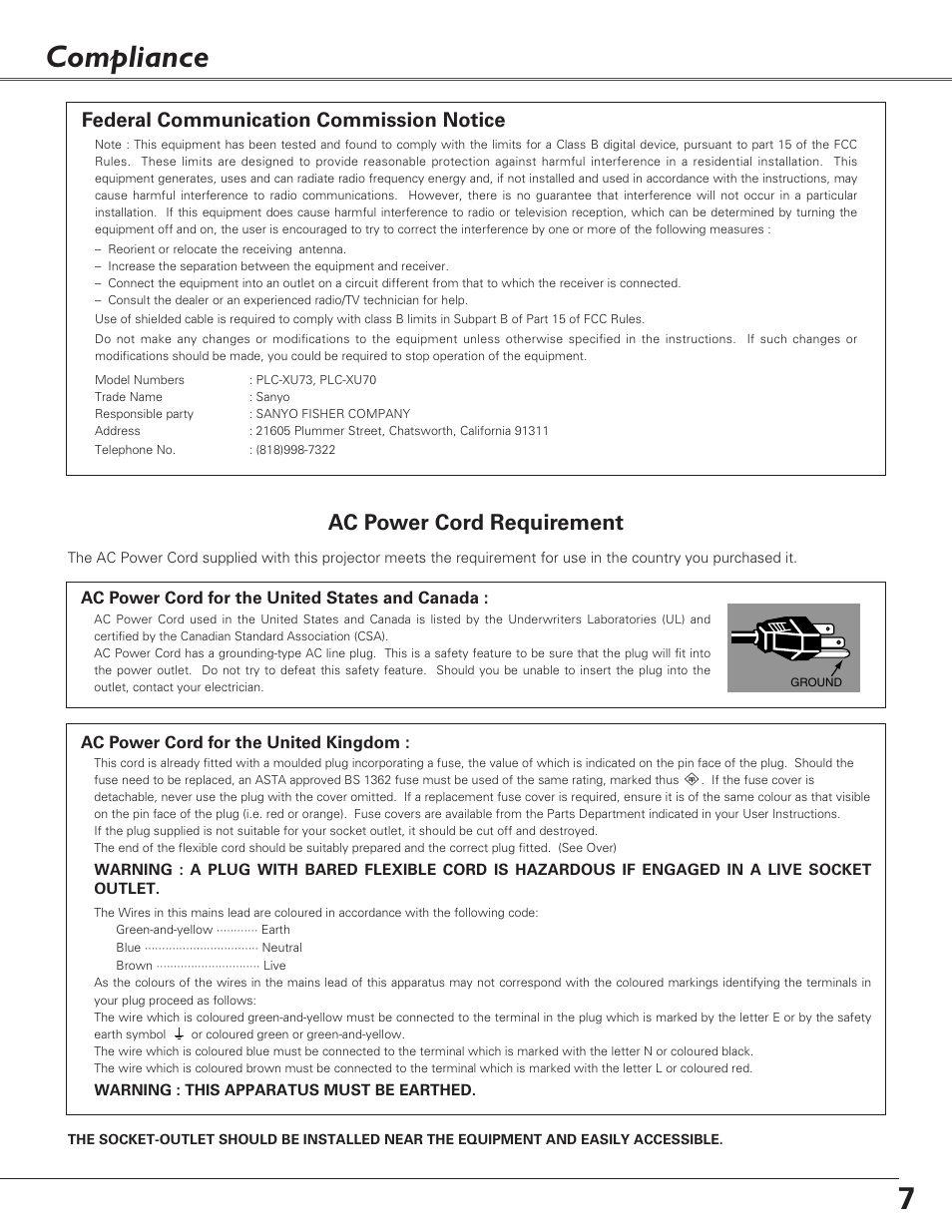 Compliance, Ac power cord requirement, Federal communication commission notice | Ac power cord for the united kingdom, Ac power cord for the united states and canada | Sanyo PLC-XU73 User Manual | Page 7 / 64