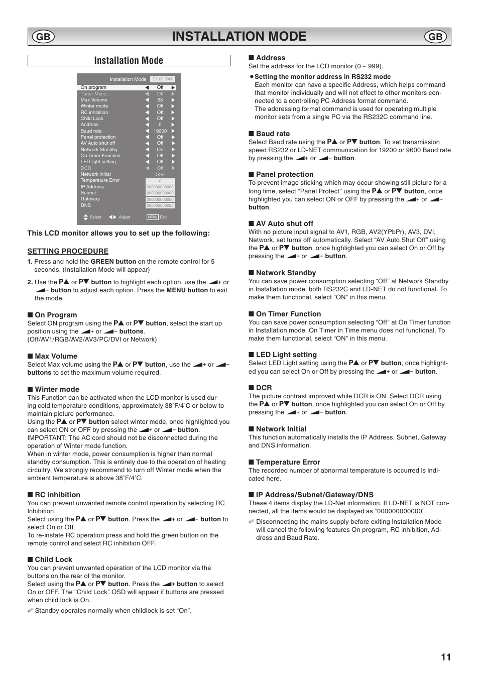 Installation mode | Sanyo CE42LM6WP User Manual | Page 11 / 20