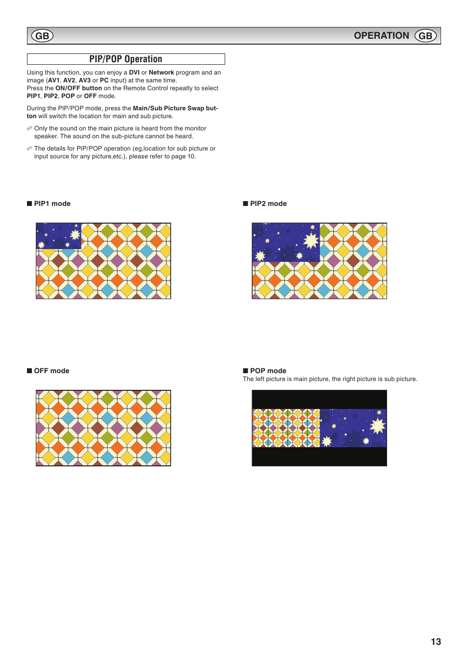 Pip/pop operation, 13 operation pip/pop operation | Sanyo CE42LM6WP User Manual | Page 13 / 20