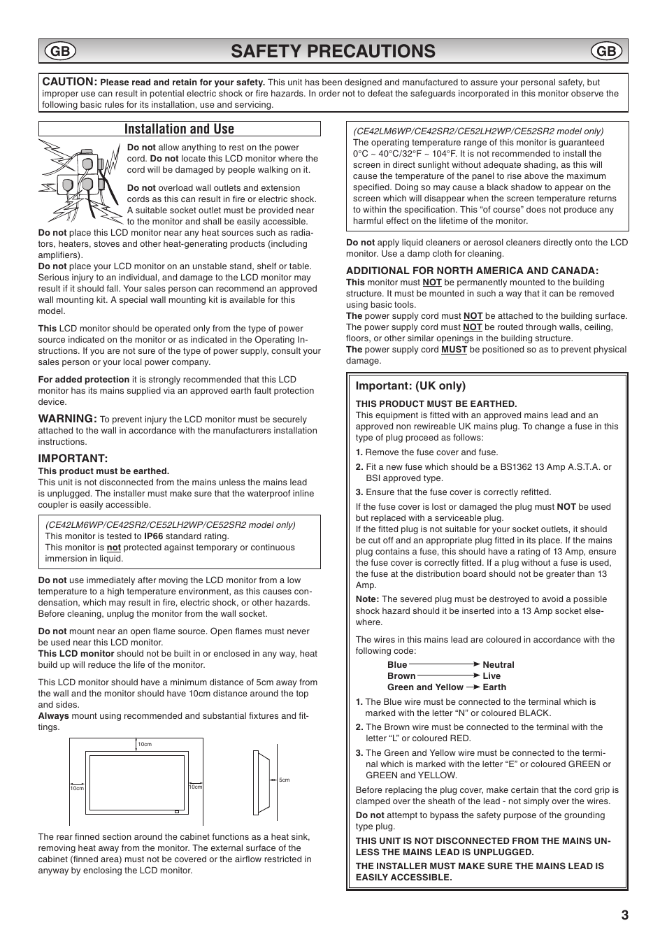 Safety precautions, Installation and use | Sanyo CE42LM6WP User Manual | Page 3 / 20