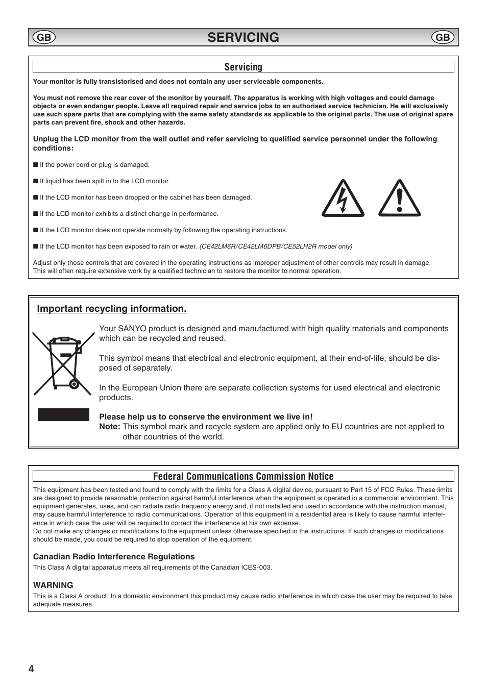 Servicing, Federal communications commission notice, Servicing federal communications commission notice | 4servicing, Important recycling information | Sanyo CE42LM6WP User Manual | Page 4 / 20