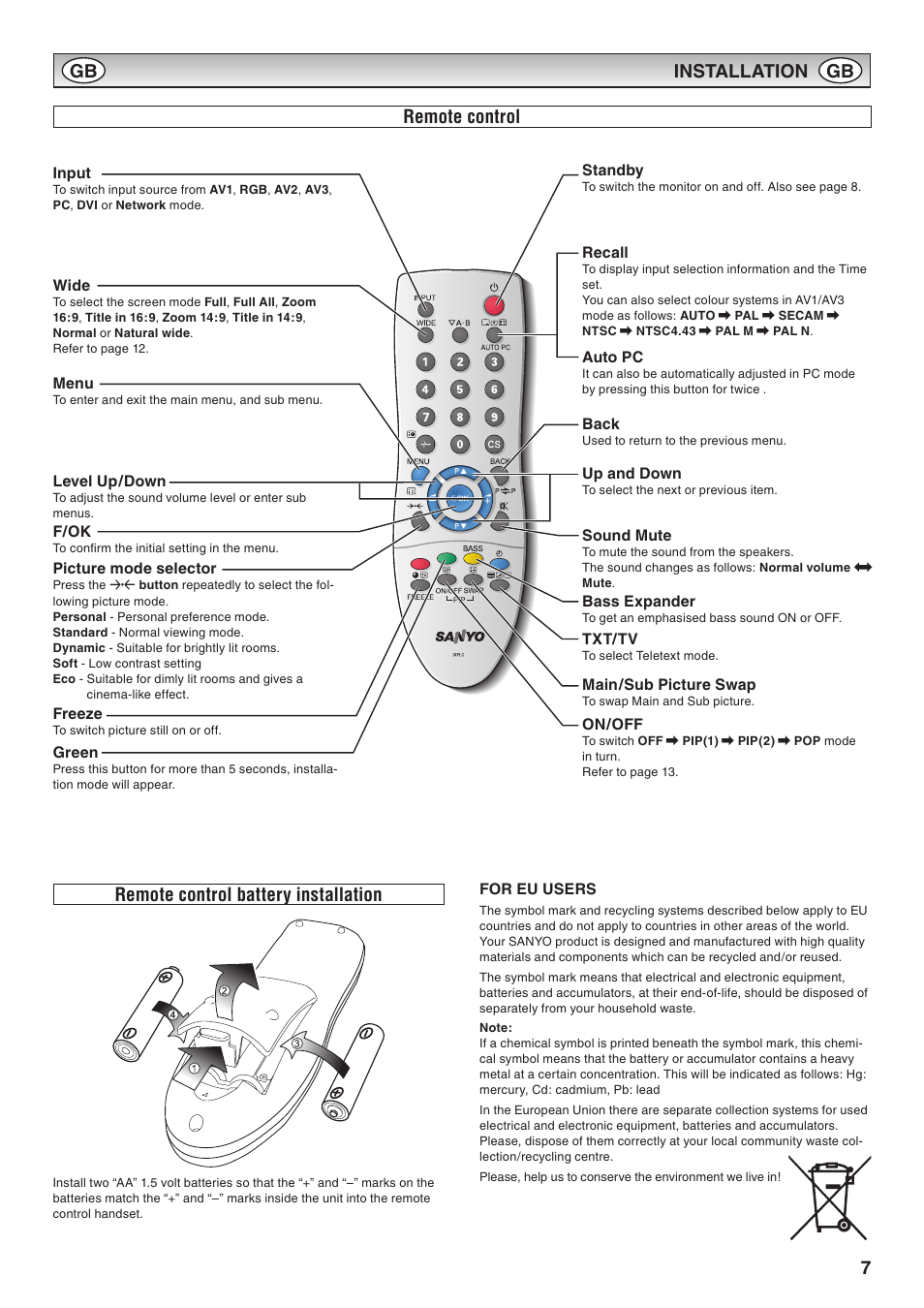 Remote control, Remote control battery installation, Remote control remote control battery installation | Installation gb gb | Sanyo CE42LM6WP User Manual | Page 7 / 20