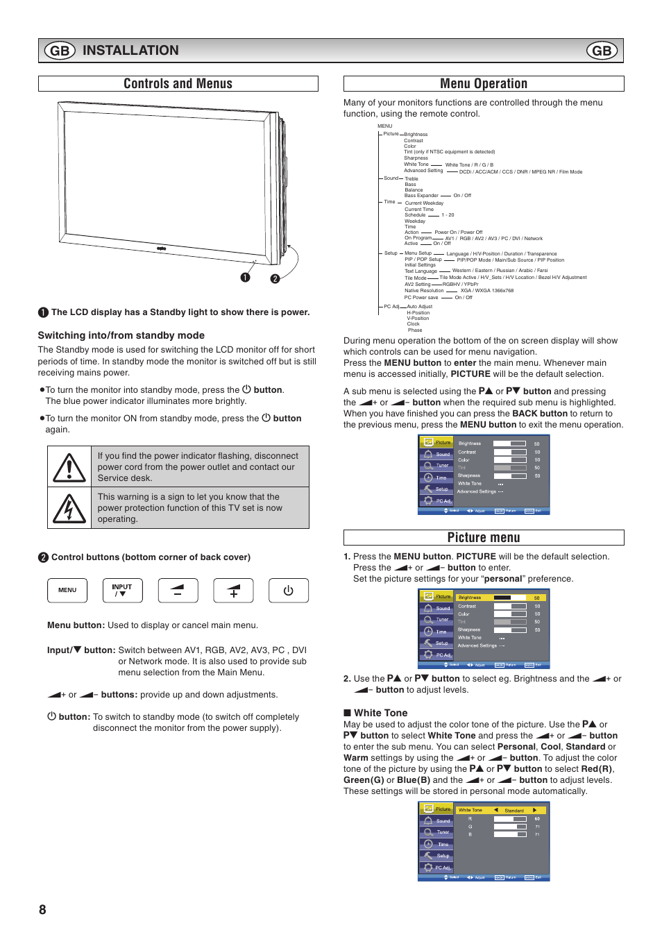 Controls and menus, Menu operation, Picture menu | Controls and menus menu operation picture menu, 8installation controls and menus | Sanyo CE42LM6WP User Manual | Page 8 / 20