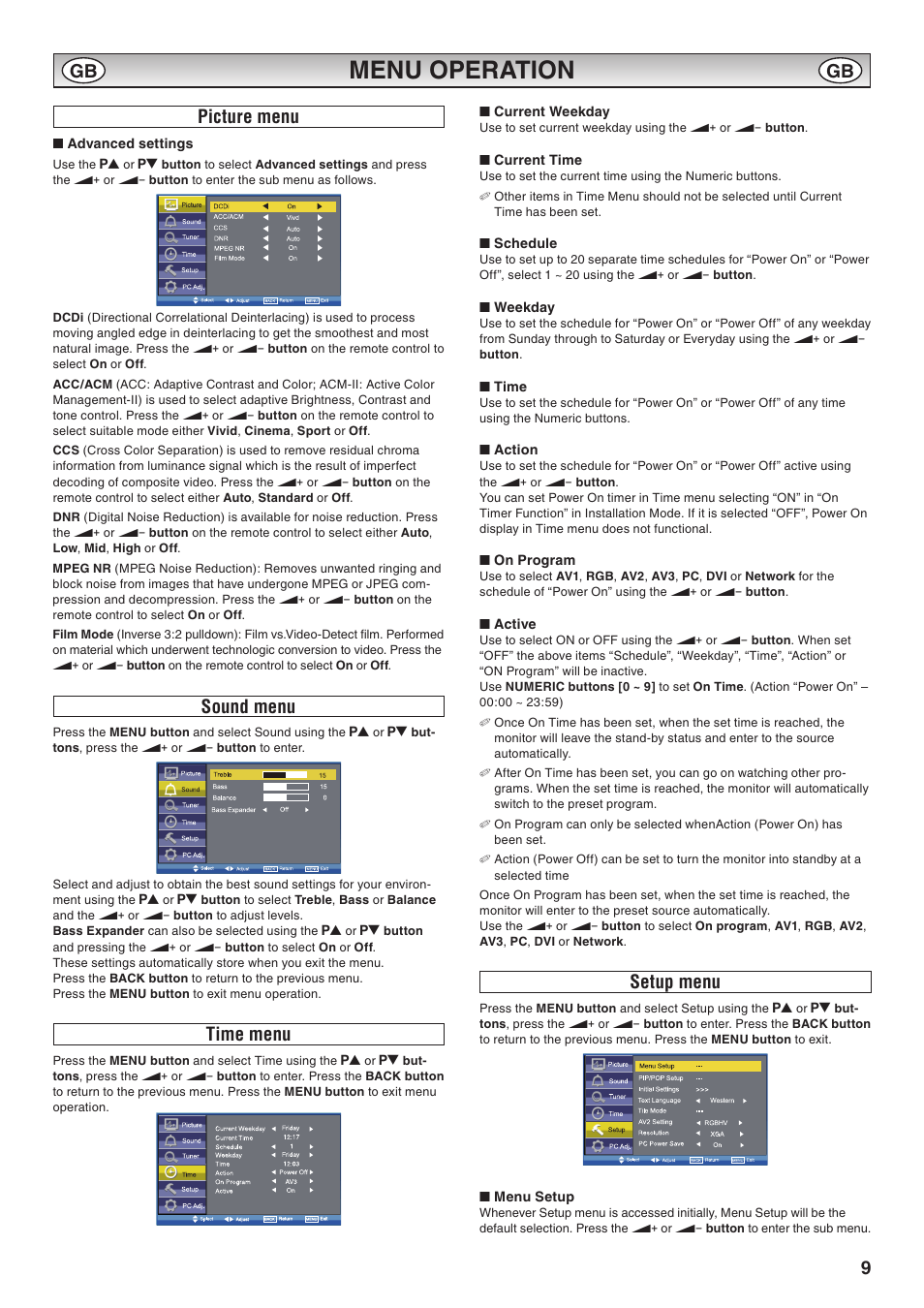 Menu operation, Picture menu, Sound menu | Time menu, Setup menu, Picture menu sound menu, Time menu setup menu | Sanyo CE42LM6WP User Manual | Page 9 / 20