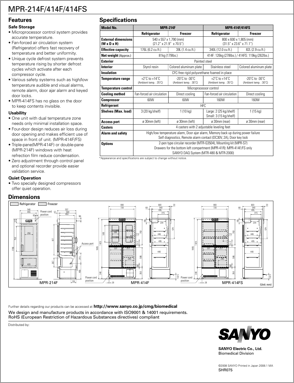 Features, Specifications dimensions | Sanyo MPR-414F User Manual | Page 2 / 2