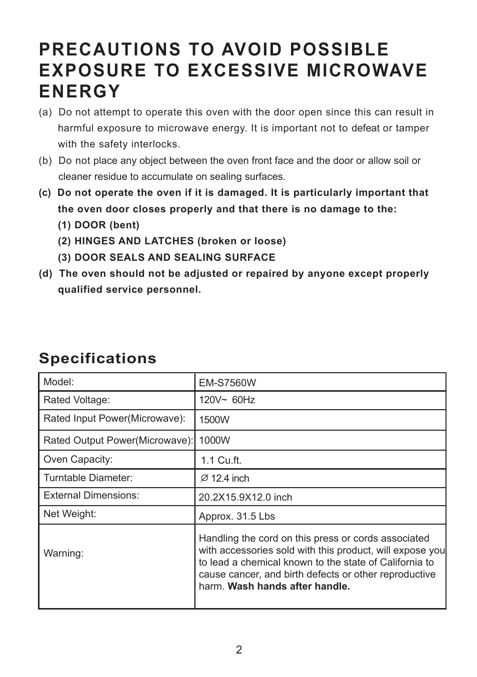 Specifications | Sanyo EM-S7560W User Manual | Page 2 / 33