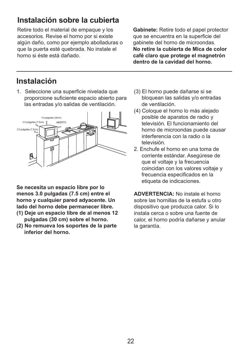 Instalación, Instalación sobre la cubierta | Sanyo EM-S7560W User Manual | Page 22 / 33