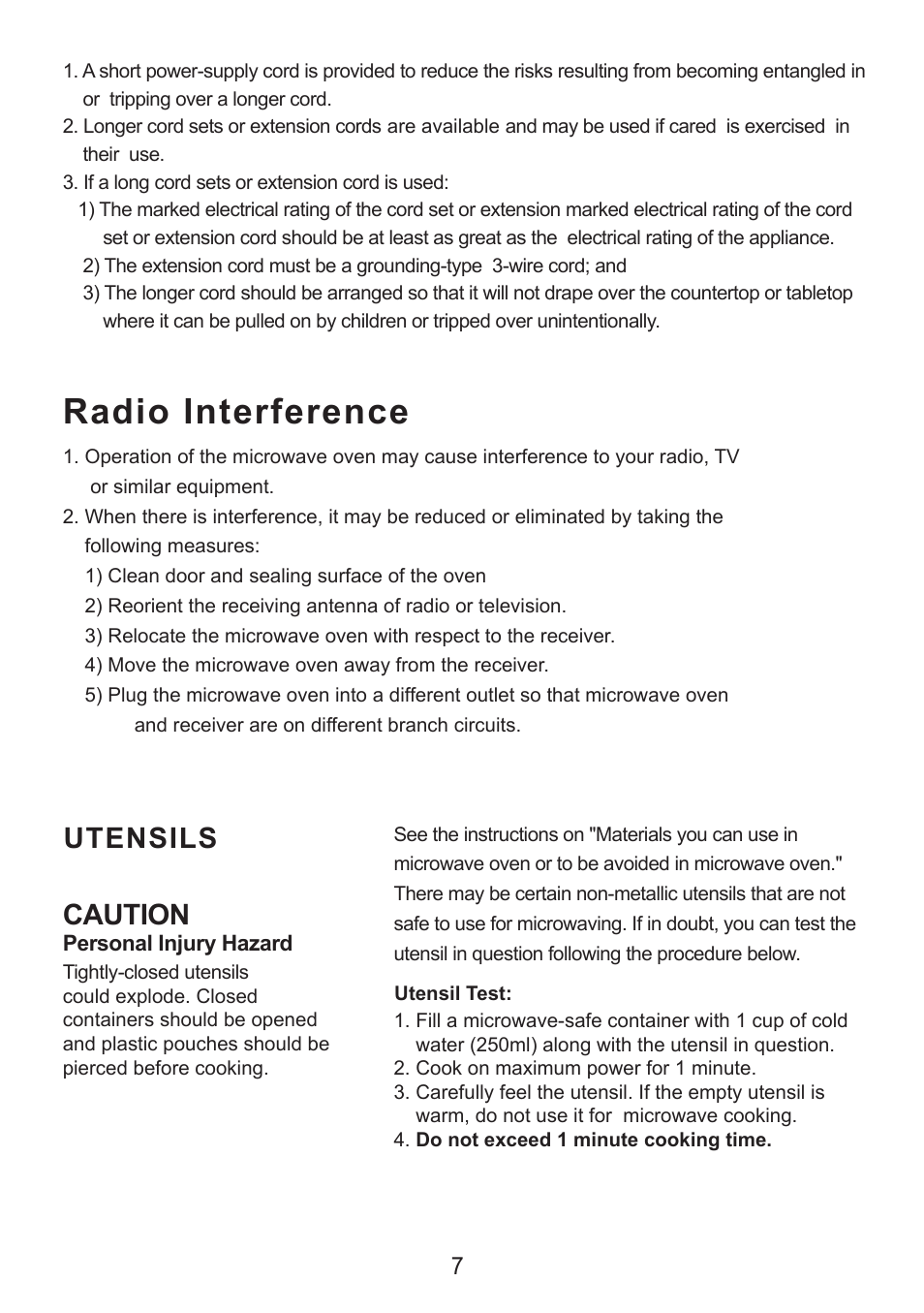 Radio interference, Caution, Utensils | Sanyo EM-S7560W User Manual | Page 7 / 33