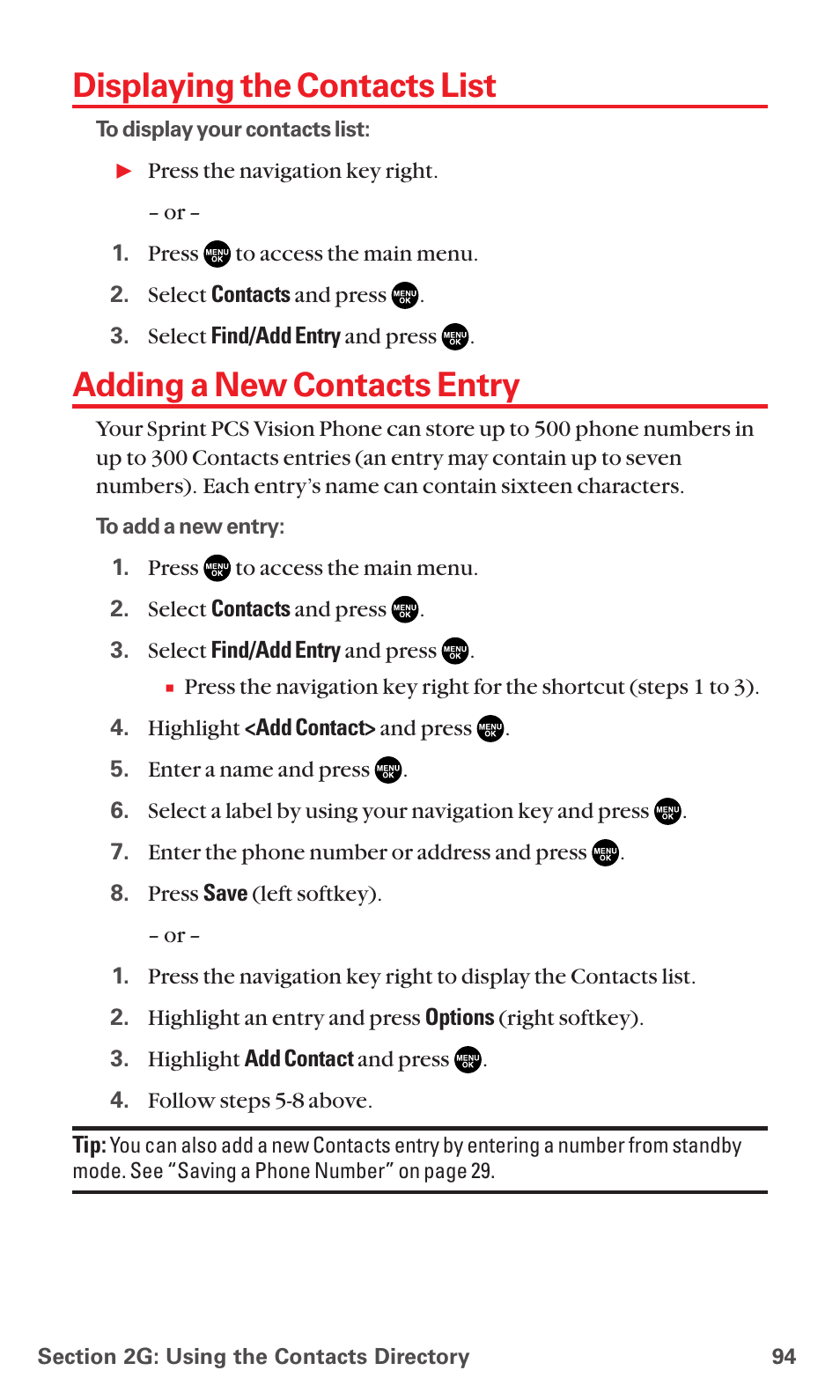 Displaying the contacts list, Adding a new contacts entry | Sanyo MM-7400 User Manual | Page 107 / 326